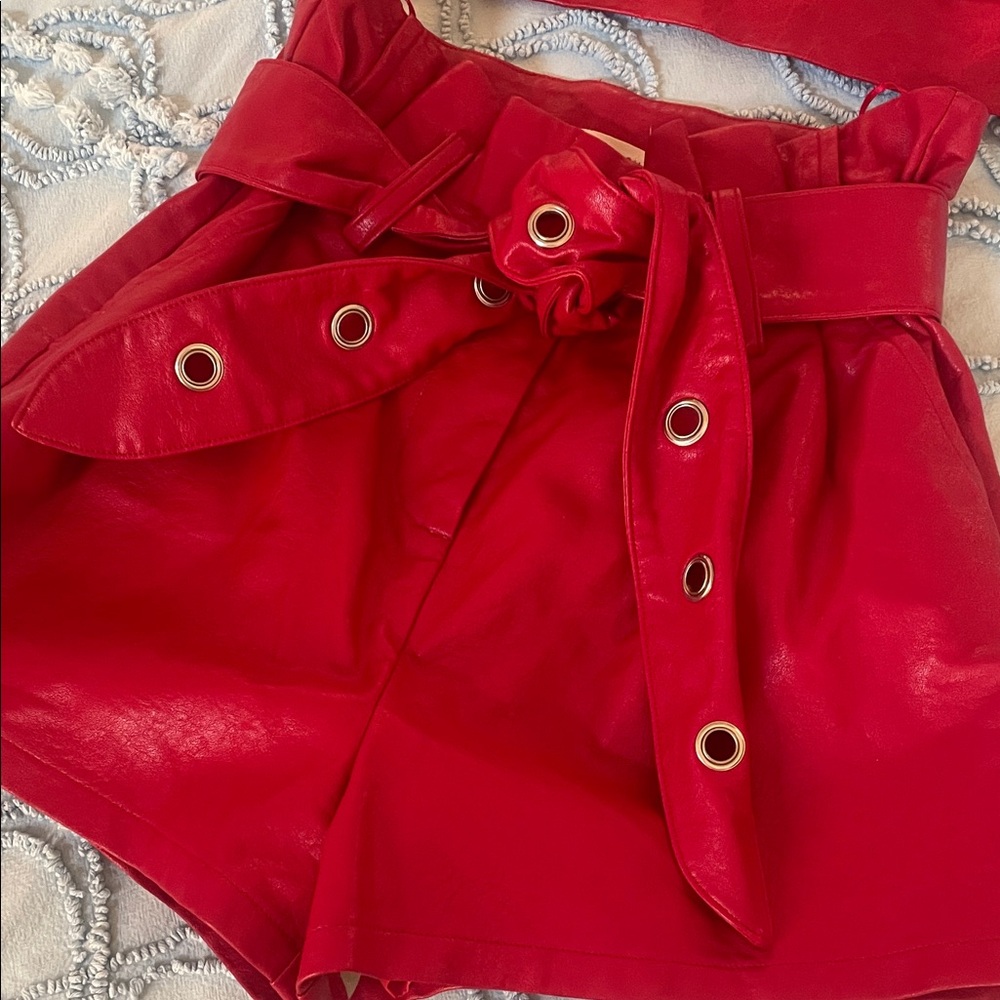 Red Two-Piece Set with Crop Top and High-Waisted Shorts leather small - Picture 2 of 4